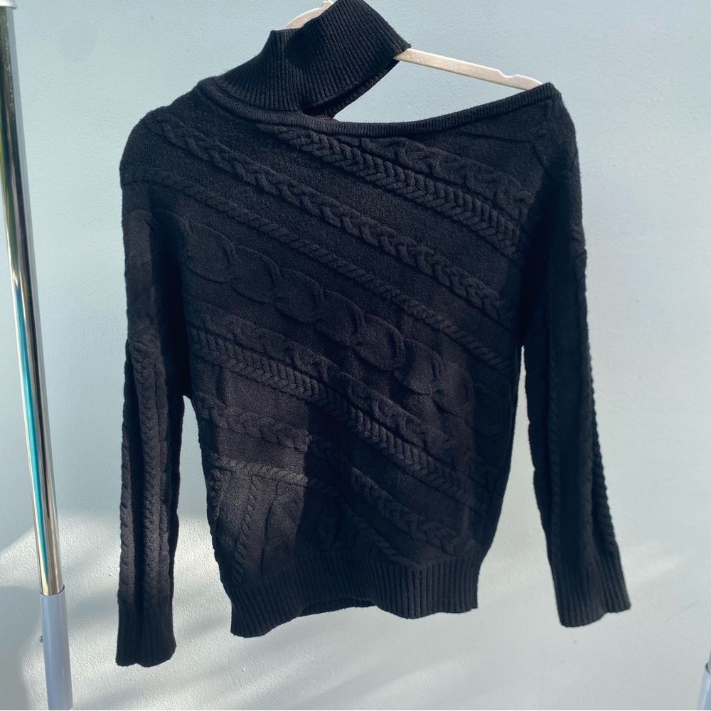 Y2K VENUS Black Mixed Cable Knit Cutout Mock Neck Sweater Size Small